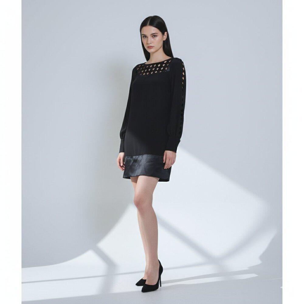 Reiss Silk Diamond Cut Outs Boat Neck Long Sleeve Mini Dress‎ Black Women 2